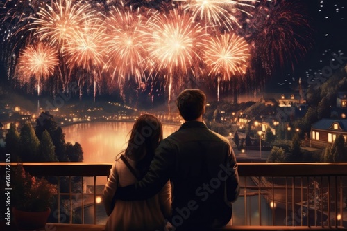 A couple holding hands and watching the fireworks display, with a romantic atmosphere and a patriotic theme. Generative AI © bluebeat76