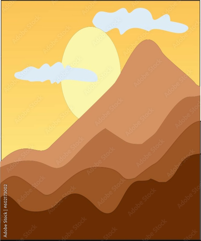 Illustration design of sunset view looks mountain clouds and sun