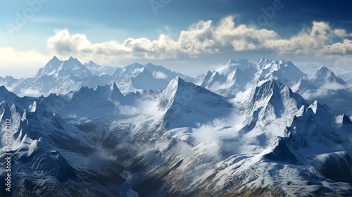 Mountain range shrouded in clouds from above. Generative ai