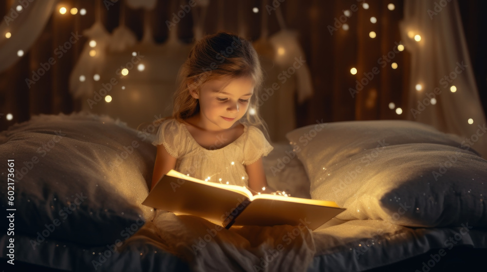 Little girl reads a book before bed created with generative AI technology Little girl reads a book before bed created with generative AI technology