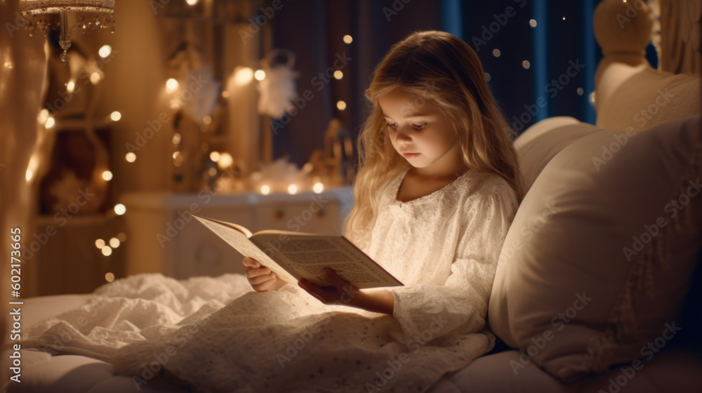 Little girl reads a book before bed created with generative AI technology Little girl reads a book before bed created with generative AI technology