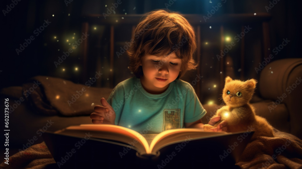 Little boy reads book before bed created with generative AI technology