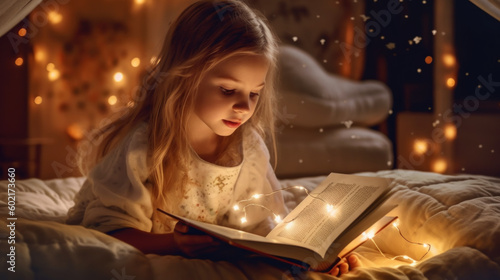 Little girl reads a book before bed created with generative AI technology