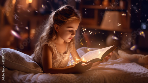 Little girl reads a book before bed created with generative AI technology