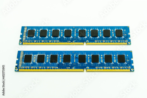 A pair of twin ddr3 memories on blue plates on a smooth