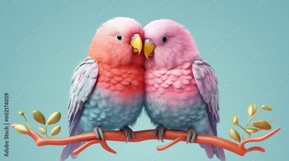 Two vibrantly colored birds perched on a branch. Generative ai