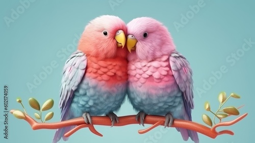 Two vibrantly colored birds perched on a branch. Generative ai