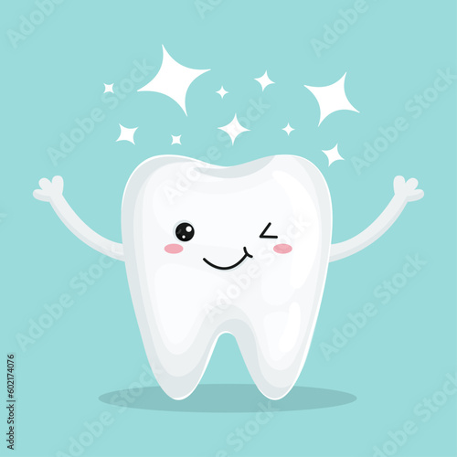  Shining clean tooth character very happy with hands up. Vector kawaii style illustration. Good for website, design, social media. Stomatology, dental concept. Adorable tooth icon.