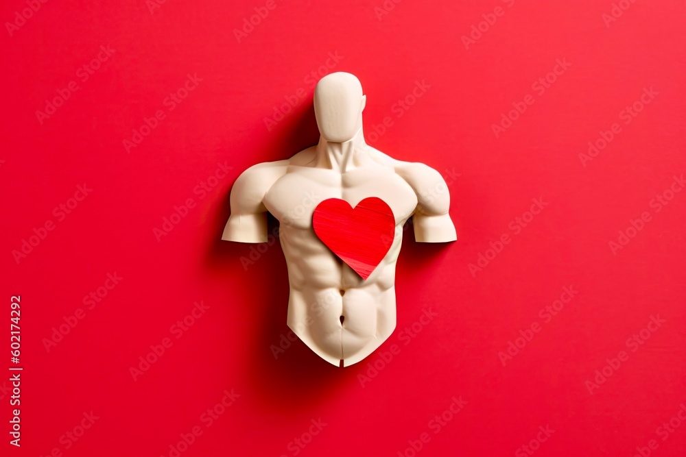 Male muscular paper figure with red heart on red background. Created with Generative AI tools Male muscular paper figure with red heart on red background. Created with Generative AI tools