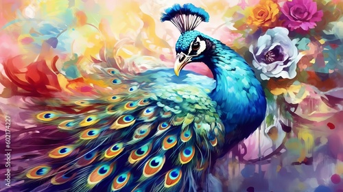 A colorful painting of a peacock surrounded by vibrant flowers. Generative ai