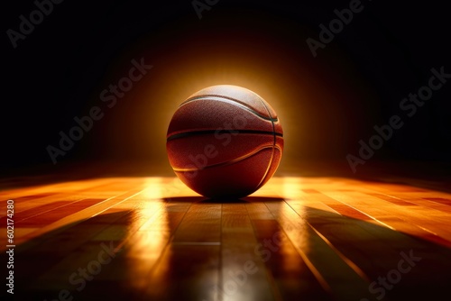 Basketball ball on a wooden floor in front of a dark background. Created with Generative AI tools © DIGITALSHAPE