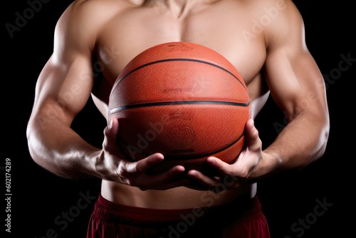 Cropped image of shirtless sportsman holding basketball against black background. Created with Generative AI tools