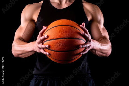 Cropped image of sportsman holding basketball ball isolated on black background. Created with Generative AI tools © DIGITALSHAPE