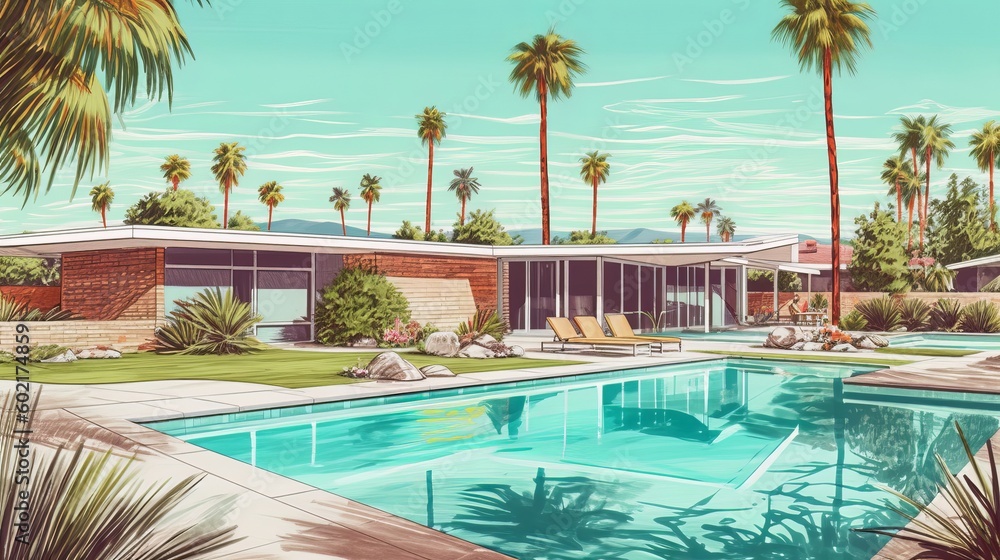 Illustration of a mid century house sunny day with a pool. Generative ai