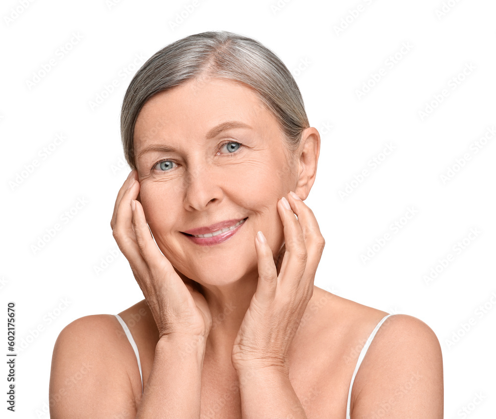 Portrait of senior woman with aging skin on white background. Rejuvenation treatment Portrait of senior woman with aging skin on white background. Rejuvenation treatment