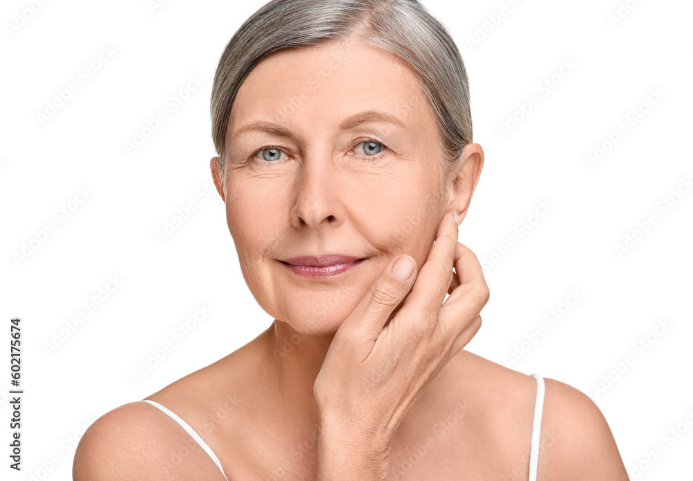 Portrait of senior woman with aging skin on white background. Rejuvenation treatment Portrait of senior woman with aging skin on white background. Rejuvenation treatment