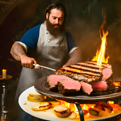 A fictional person. Illustration of a man grilling a delicious steak generated with AI.