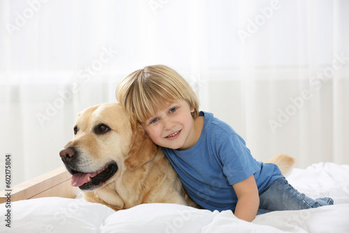 Cute little child with Golden Retriever on bed at home. Adorable pet