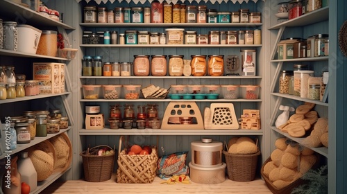 Illustration of a pantry stocked with a variety of food items. Generative ai photo
