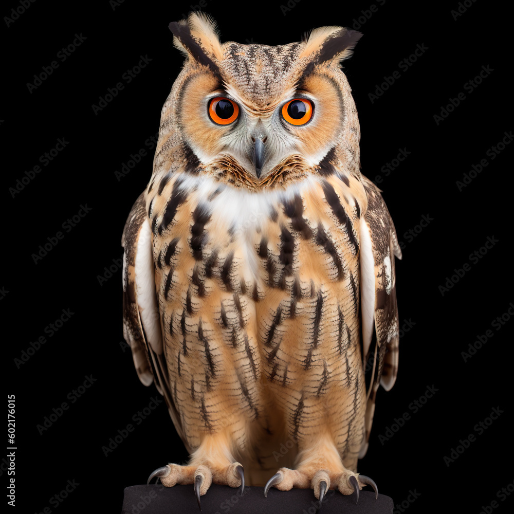 Obraz premium A close up of an owl on a black surface. Generative AI.