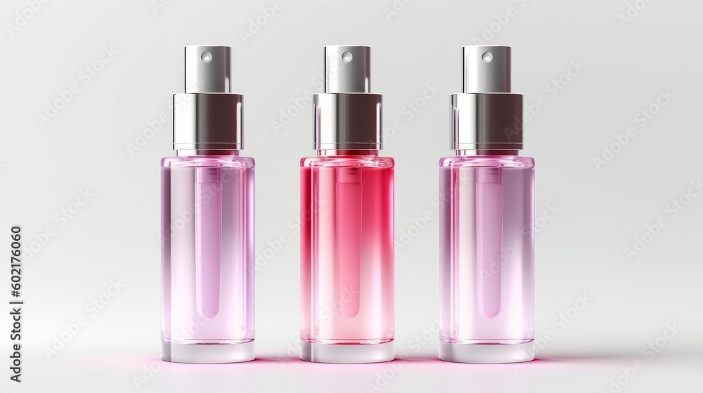 Illustration of several pink bottles filled with a mysterious liquid. Generative ai Illustration of several pink bottles filled with a mysterious liquid. Generative ai