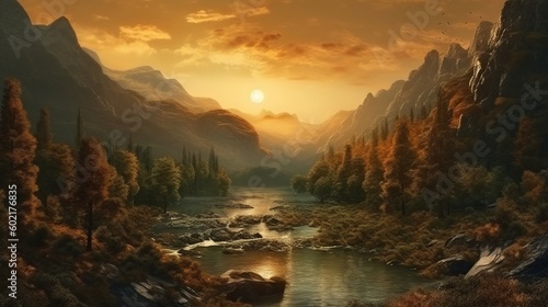 Illustration of a serene sunset scene with a river as the focal point. Generative ai