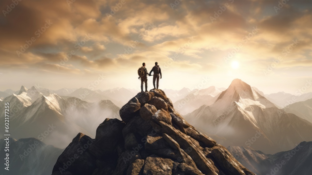 Illustration of a couple triumphantly standing at the peak of a mountain. Generative ai
