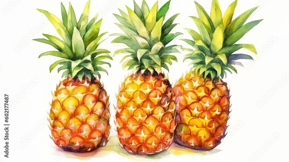 Illustration of three ripe pineapples placed together on a clean white background. Generative ai Illustration of three ripe pineapples placed together on a clean white background. Generative ai