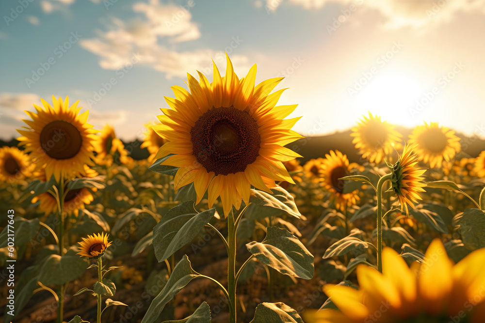 Obraz premium Close up beautiful sunflower at field, agriculture, generative ai.