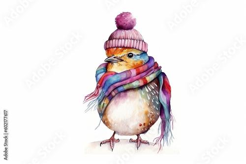 Cute bird in colorful scarf and winter hat, generative AI drawing on white background © tilialucida