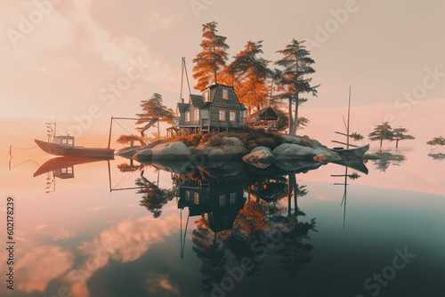 A small island in the middle of a lake. Surreal tiny house, generative AI.