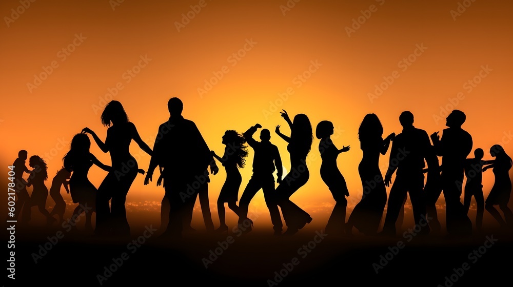 silhouettes of dancing people in the sunrise or sunset, orange background. Created with generative AI tools silhouettes of dancing people in the sunrise or sunset, orange background. Created with generative AI tools