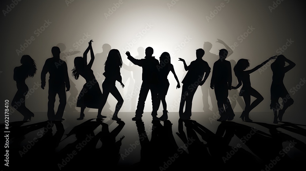 silhouettes of a group of people dancing, vignette white background with long shadows on the floor. Created with generative AI tools silhouettes of a group of people dancing, vignette white background with long shadows on the floor. Created with generative AI tools