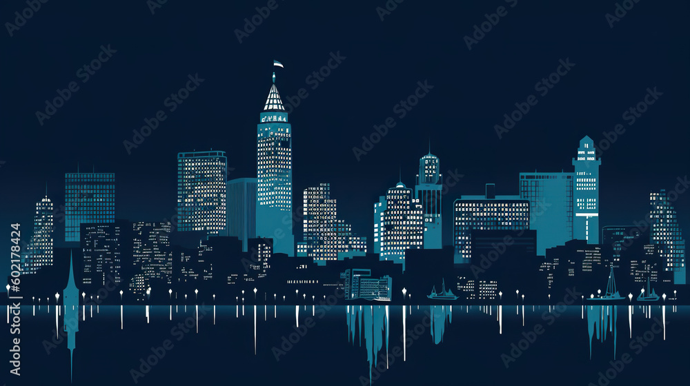 A city skyline at night with lights reflecting in the water. Generative AI