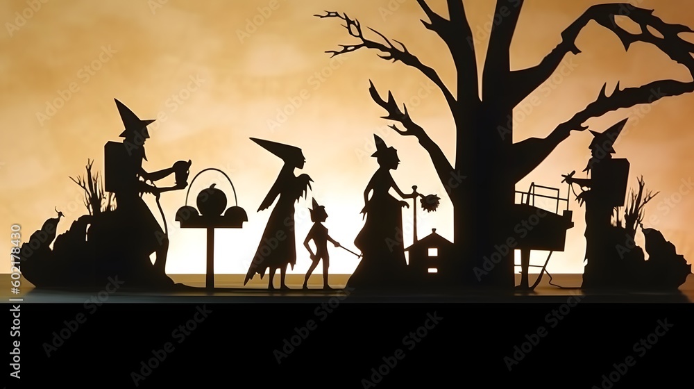 a silhouette of a family trick-or-treating. halloween sunset. Created with generative AI tools a silhouette of a family trick-or-treating. halloween sunset. Created with generative AI tools