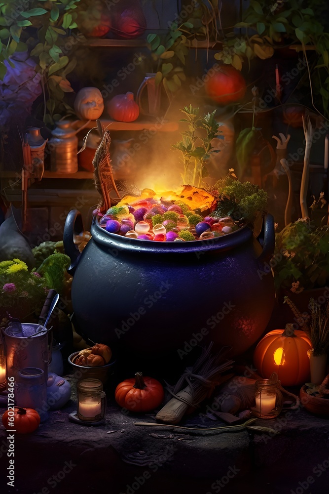 a magic cauldron filled with mystical orbs. enchanting workshop full of plants. created with generative ai tools a magic cauldron filled with mystical orbs. enchanting workshop full of plants. created with generative ai tools