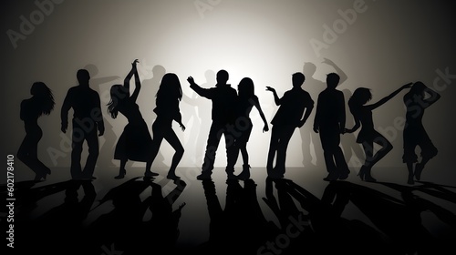 silhouettes of a group of people dancing, vignette white background with long shadows on the floor. Created with generative AI tools