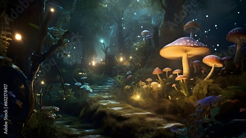 Enchanted Yard transformed into an enchanted and beautiful forest, with trees, glowing mushrooms. Created with generative AI tools