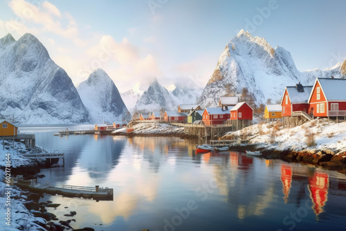 A view of a small town on a mountain side in Norway with reflection. Generative AI.