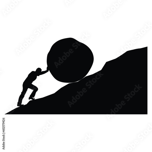 man pushing big boulder uphill. Concept of fatigue, effort, courage, power, force Vector cartoon black silhouette in flat design isolated