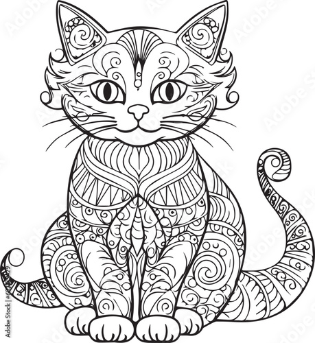 A sitting cat coloring page for adults.