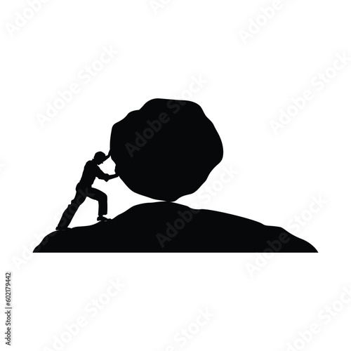 man pushing big boulder uphill. Concept of fatigue, effort, courage, power, force Vector cartoon black silhouette in flat design isolated