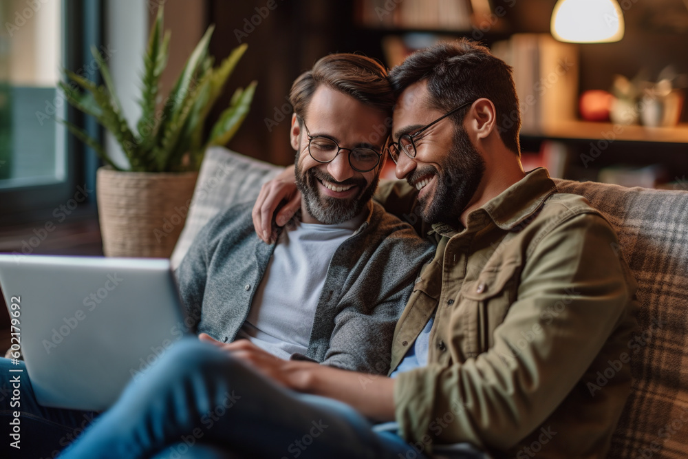 male gay couple hugging and looking at a laptop computer while smiling sitting on the couch or sofa, happy hispanic latin and caucasian homosexual men married, generative AI