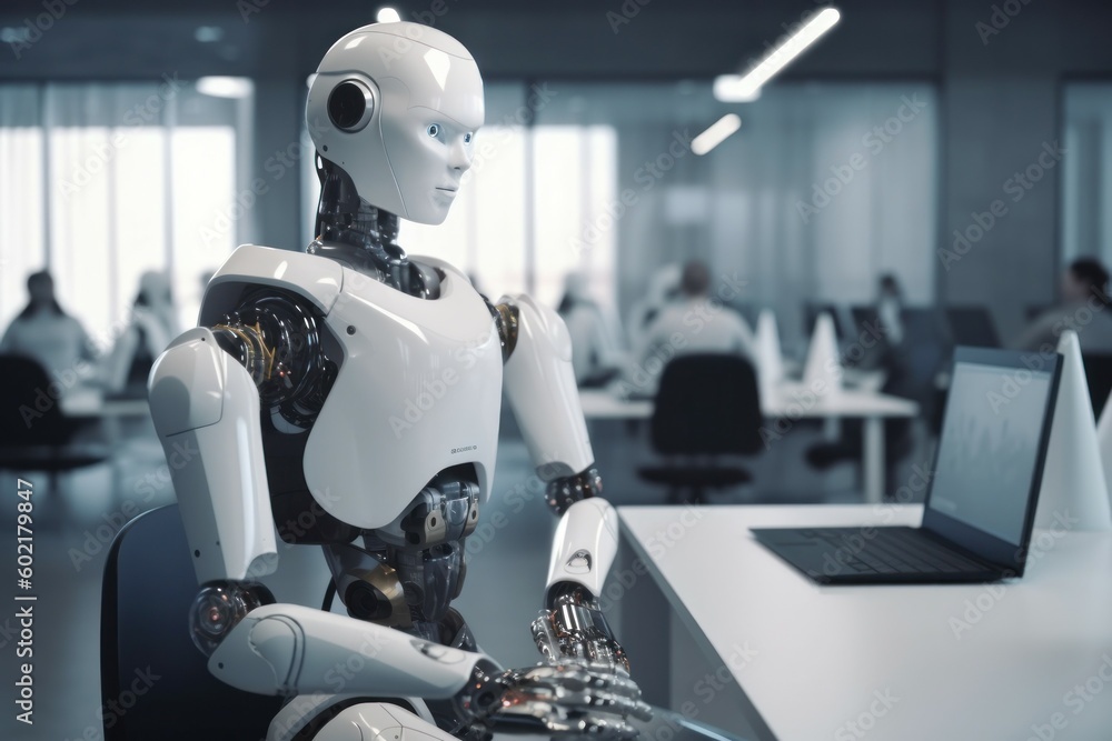 Robot working at computer among people. AI generated, human enhanced Robot working at computer among people. AI generated, human enhanced