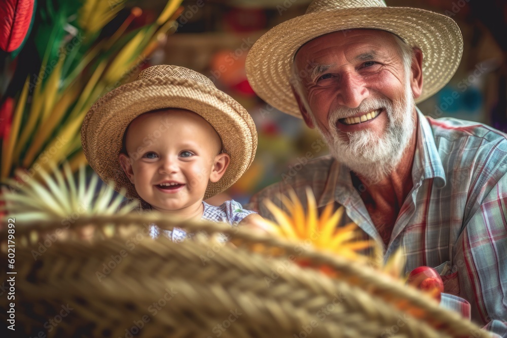 Preserving Traditions: Smiling Brazilian Grandfather and Grandson Unite at a Traditional June Festival,a vô com seu netinho curtindo festa junina com muita alegria, generative ai