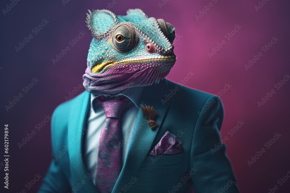 Anthropomorphic chameleon dressed in a suit like a businessman. business concept. AI generated, human enhanced Anthropomorphic chameleon dressed in a suit like a businessman. business concept. AI generated, human enhanced