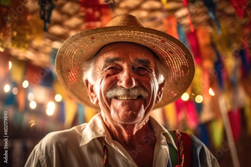Generational Traditions: Brazilian Grandfather and Grandson Embrace the June Festival Spirit,a vô com neto na festa junina colorida brasileira, generative ai