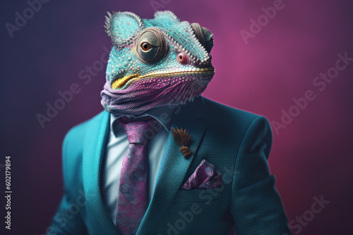 Anthropomorphic chameleon dressed in a suit like a businessman. business concept. AI generated  human enhanced