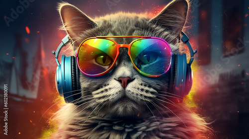 Music cat with colorful sunglasses and headphones - Generative AI