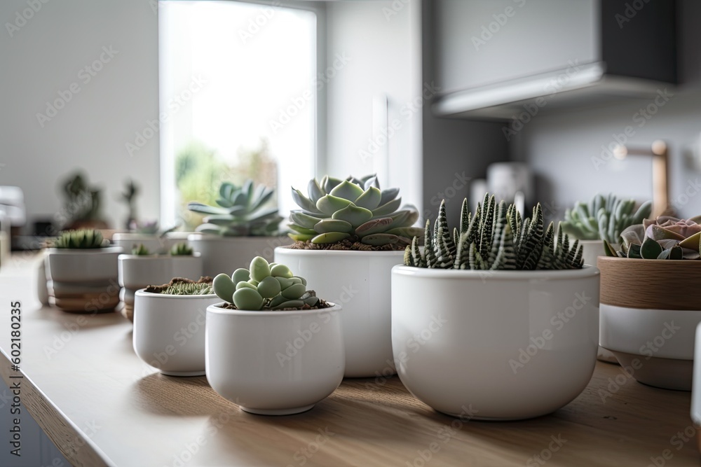 White pots with different succulents on a wooden kitchen counter, interior design. Generative AI White pots with different succulents on a wooden kitchen counter, interior design. Generative AI